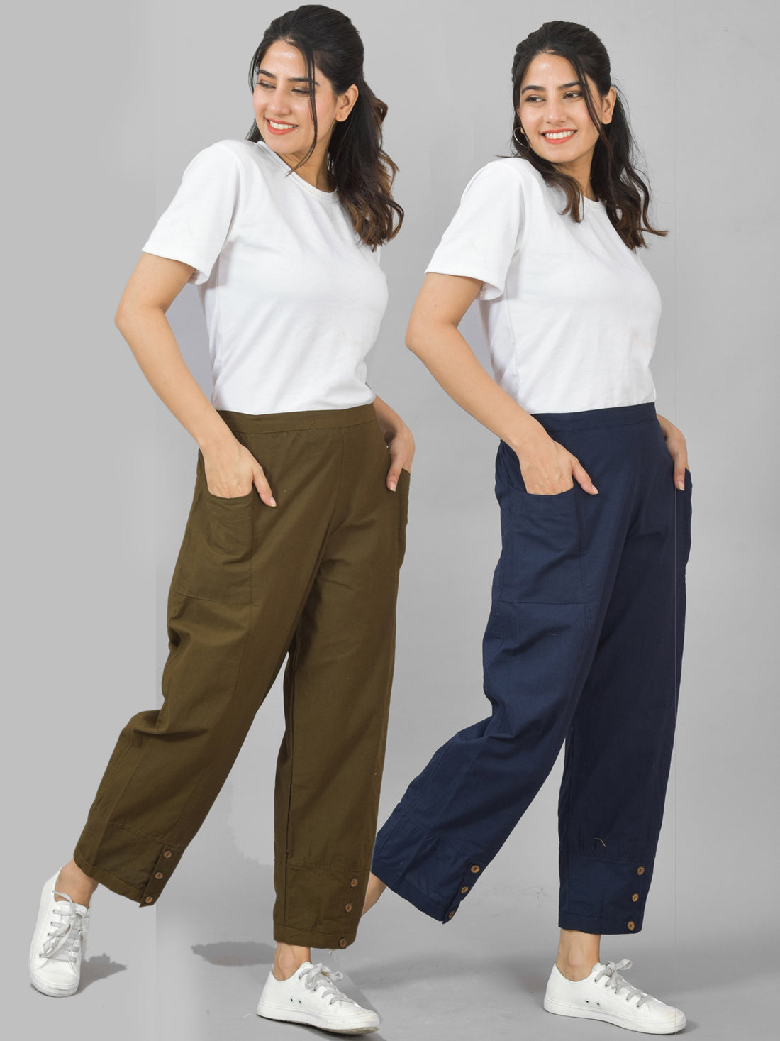 Combo Pack Of Womens Mehndi Green And Navy Blue Side Pocket Straight Cargo Pants