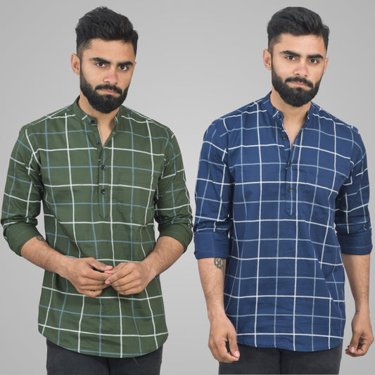 Pack Of 2 Mens Mehendi Green And Navy Blue Wide Check Cotton Short Kurta Combo