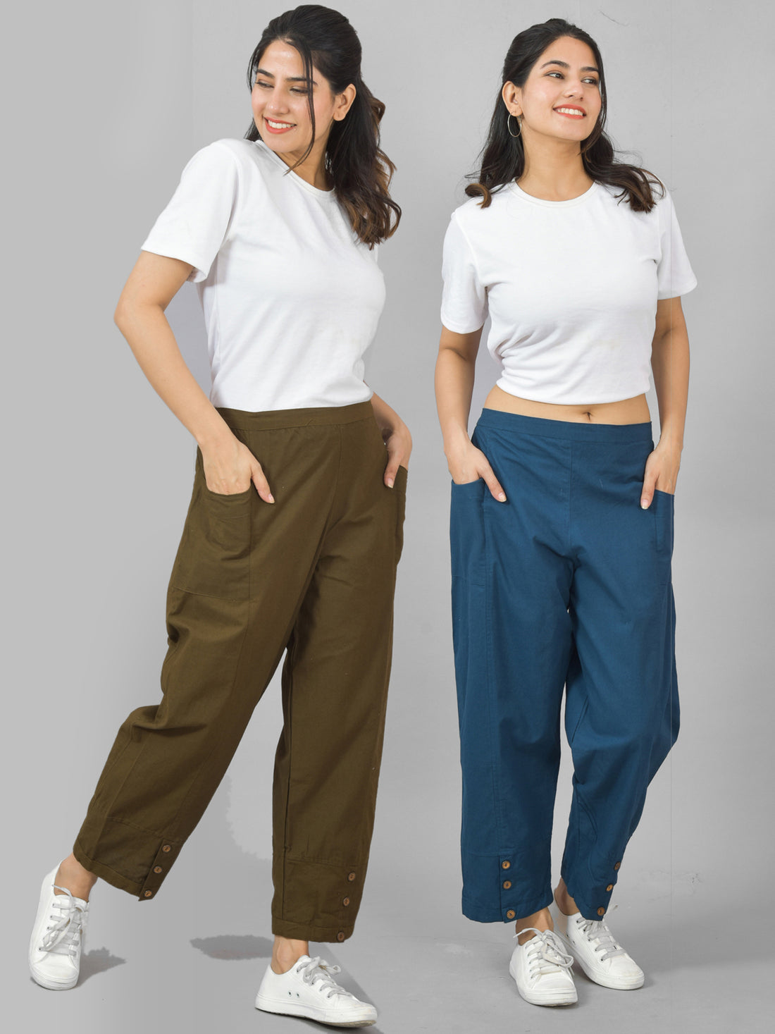 Combo Pack Of Womens Mehndi Green And Teal Blue Side Pocket Straight Cargo Pants