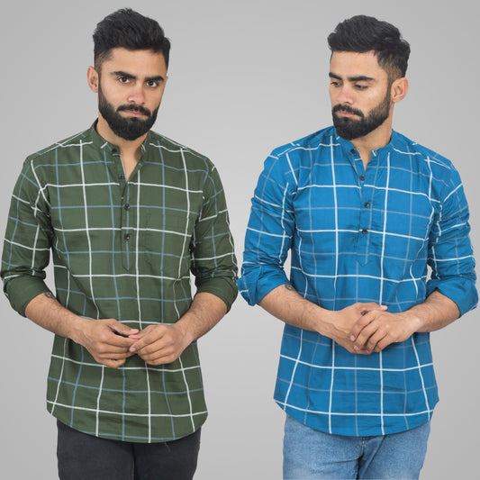 Pack Of 2 Mens Mehendi Green And Teal Blue Wide Check Cotton Short Kurta Combo