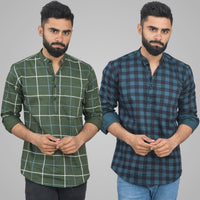 Pack Of 2 Mens Mehendi Green Wide And Ocian Blue Check Cotton Short Kurta Combo