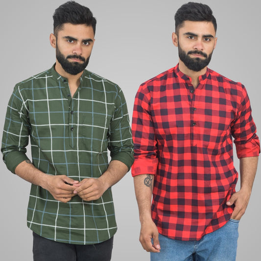 Pack Of 2 Mens Mehendi Green Wide And Red Check Cotton Short Kurta Combo