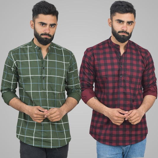 Pack Of 2 Mens Mehendi Green Wide And Wine Check Cotton Short Kurta Combo