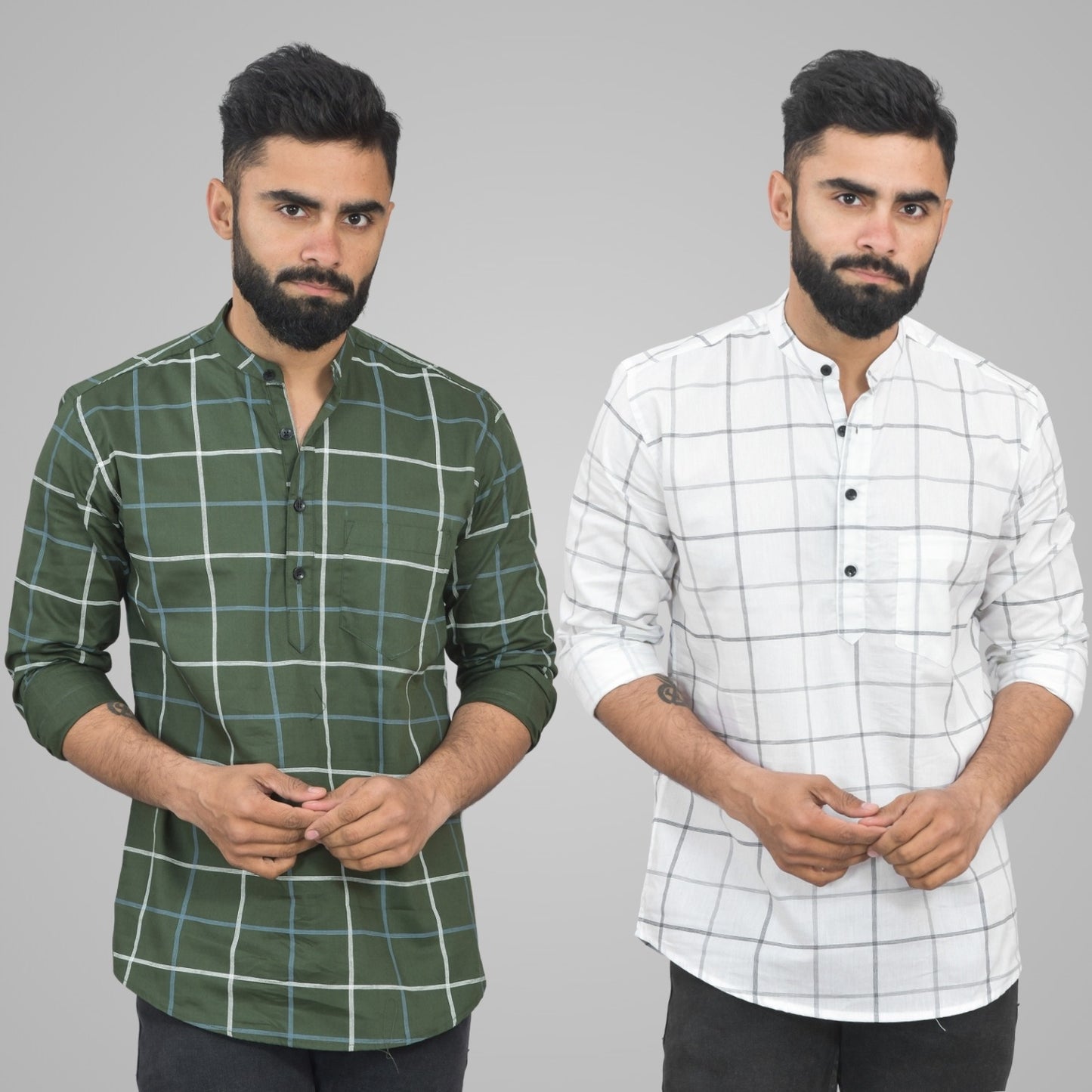 Pack Of 2 Mens Mehendi Green And White Wide Check Cotton Short Kurta Combo