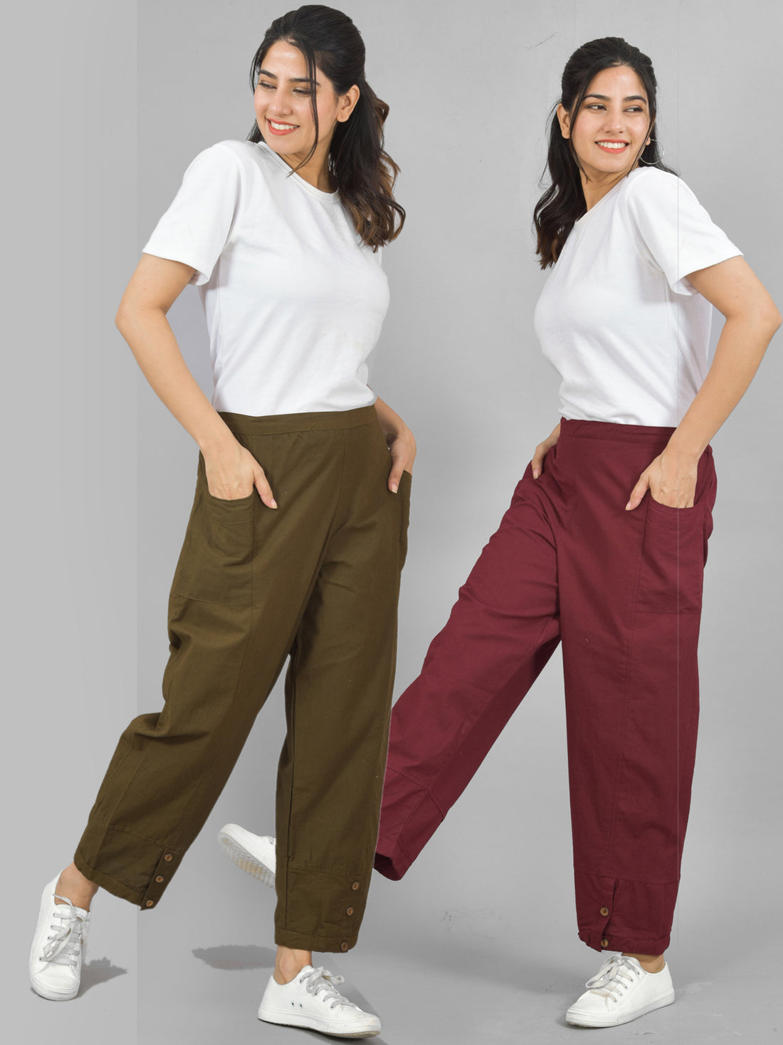 Combo Pack Of Womens Mehndi Green And Wine Side Pocket Straight Cargo Pants