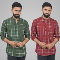 Pack Of 2 Mens Mehendi Green And Wine Wide Check Cotton Short Kurta Combo