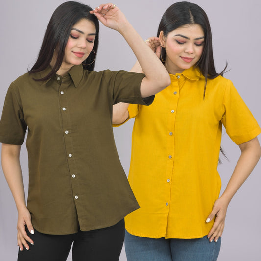 Pack Of 2 Womens Solid Mehendi And Mustard Half Sleeve Cotton Shirts Combo