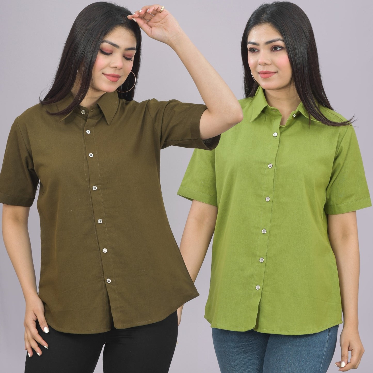 Pack Of 2 Womens Solid Mehendi And Olive Green Half Sleeve Cotton Shirts Combo