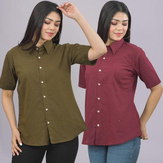 Pack Of 2 Womens Solid Mehendi And Wine Half Sleeve Cotton Shirts Combo