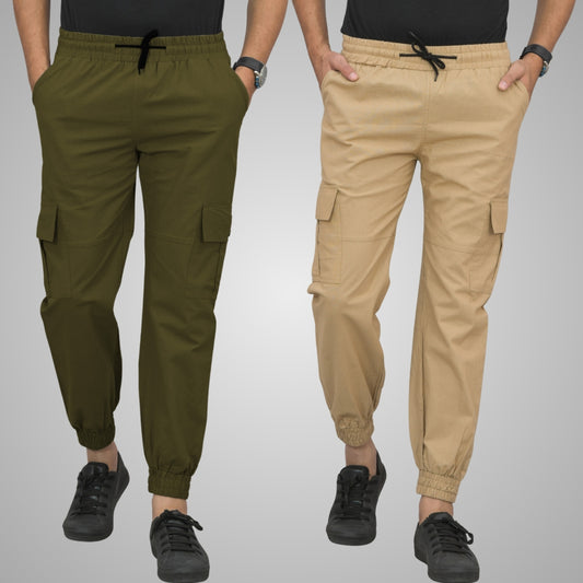 Pack Of 2 Mens Mehendi Green And Beige Airy Linen Summer Cool Cotton Comfort Joggers