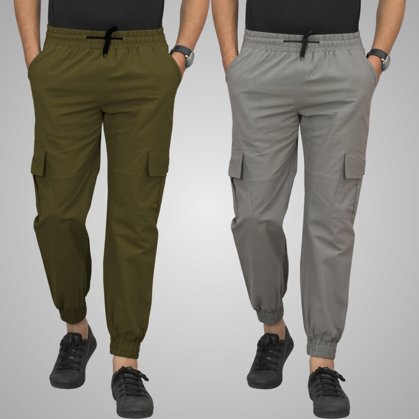Combo Pack Of Mens Mehndi Green And Grey Five Pocket Cotton Cargo Pants