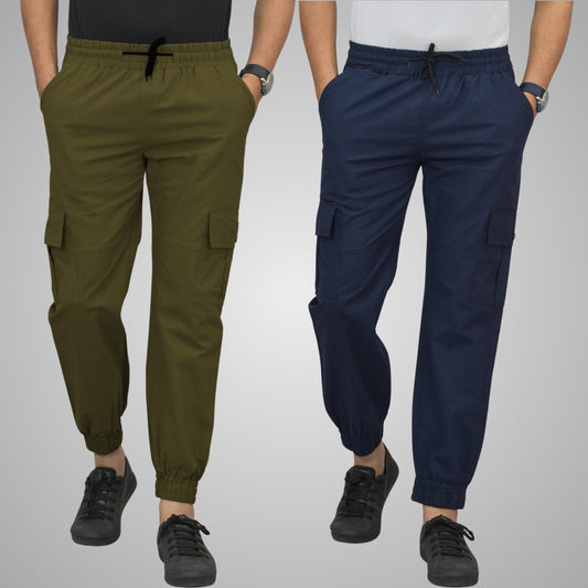 Pack Of 2 Mens Mehendi Green And Navy Blue Airy Linen Summer Cool Cotton Comfort Joggers