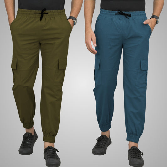 Pack Of 2 Mens Mehendi Green And Teal Blue Airy Linen Summer Cool Cotton Comfort Joggers