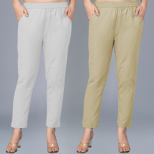 Pack Of 2 Womens Regular Fit Melange Grey And Beige Fully Elastic Waistband Cotton Trouser