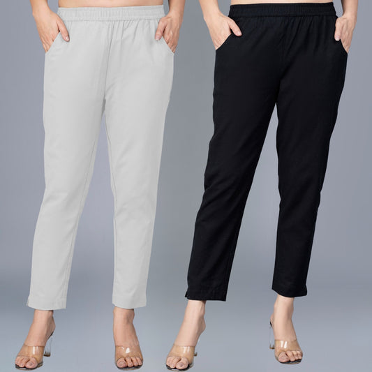 Pack Of 2 Womens Regular Fit Melange Grey And Black Fully Elastic Waistband Cotton Trouser