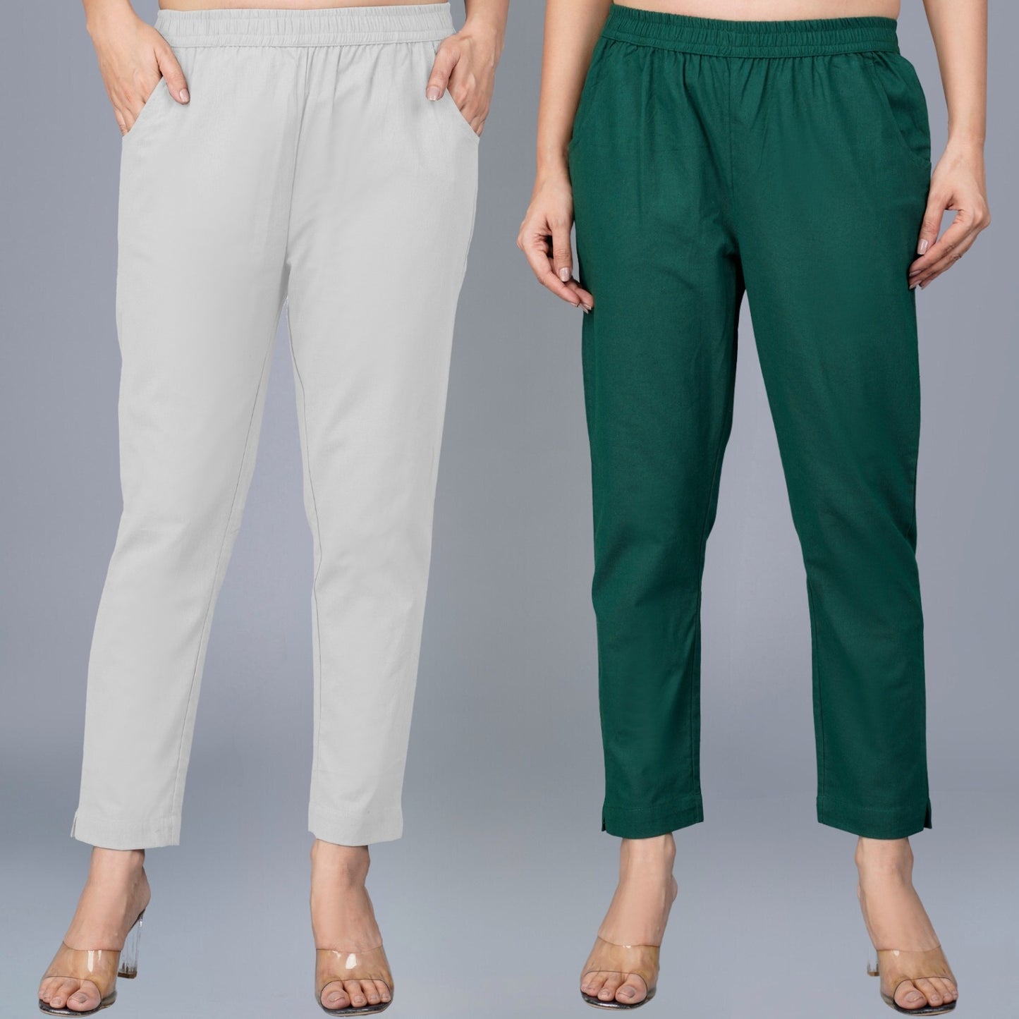 Pack Of 2 Womens Regular Fit Melange Grey And Bottle Green Fully Elastic Waistband Cotton Trouser