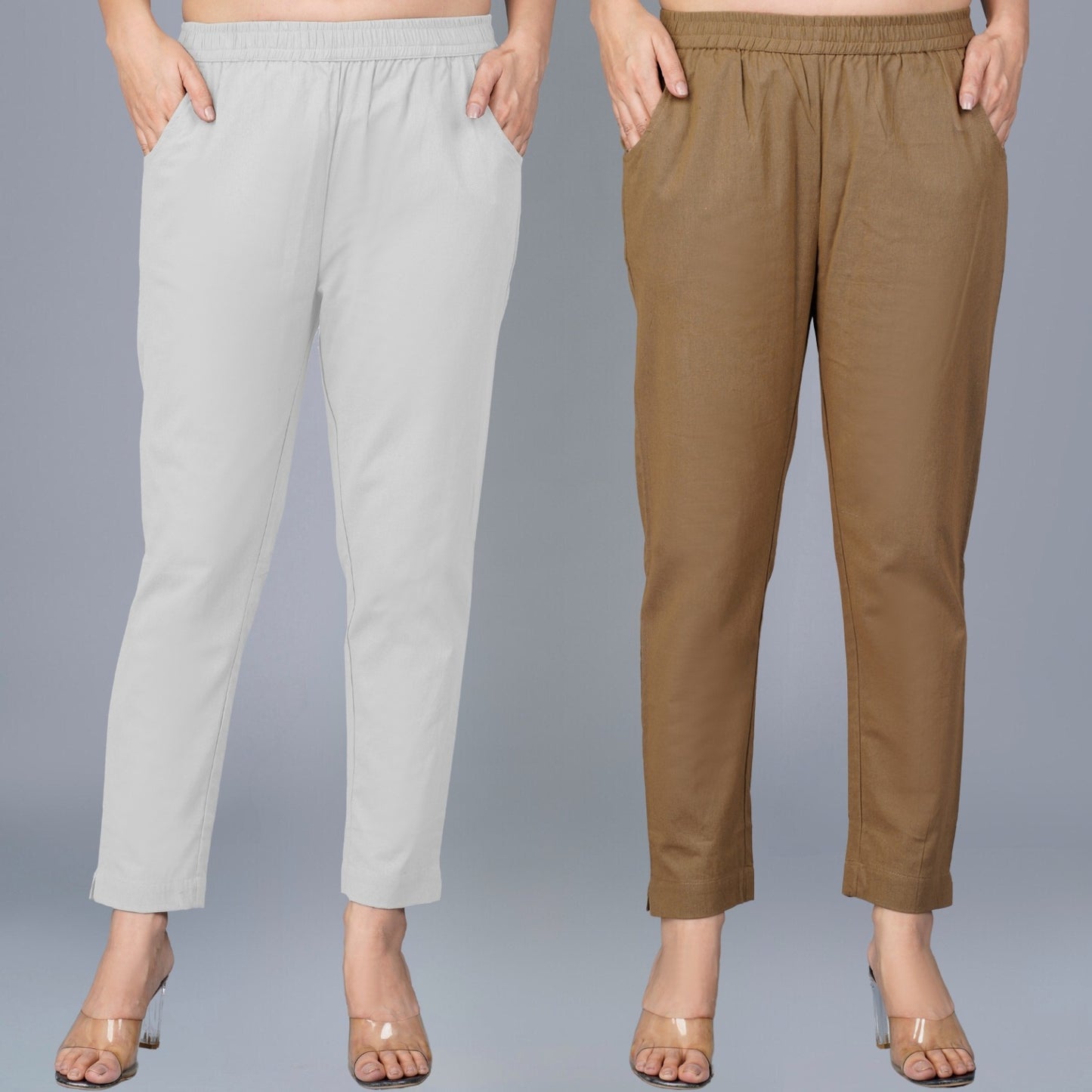 Pack Of 2 Womens Regular Fit Melange Grey And Brown Fully Elastic Waistband Cotton Trouser