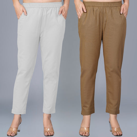 Pack Of 2 Womens Regular Fit Melange Grey And Brown Fully Elastic Waistband Cotton Trouser