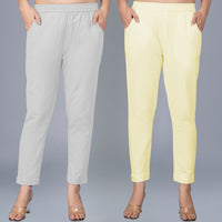 Pack Of 2 Womens Regular Fit Melange Grey And Cream Fully Elastic Waistband Cotton Trouser