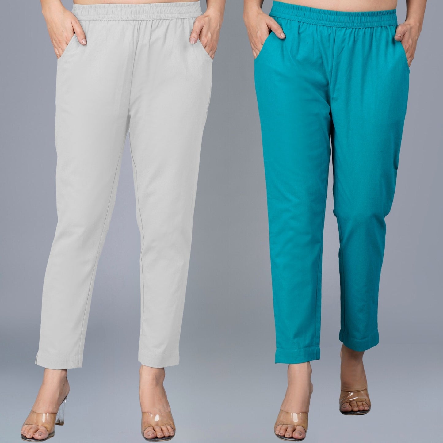 Pack Of 2 Womens Regular Fit Melange Grey And Cyan Fully Elastic Waistband Cotton Trouser