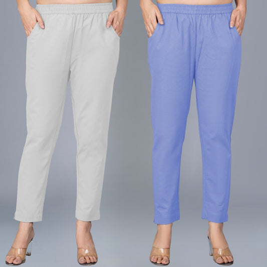 Pack Of 2 Womens Regular Fit Melange Grey And Denim Blue Fully Elastic Waistband Cotton Trouser