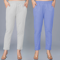 Pack Of 2 Womens Regular Fit Melange Grey And Denim Blue Fully Elastic Waistband Cotton Trouser