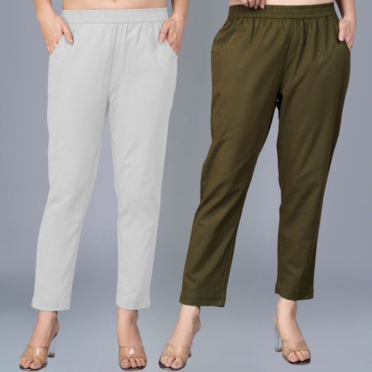 Pack Of 2 Womens Regular Fit Melange Grey And Dark Green Fully Elastic Waistband Cotton Trouser