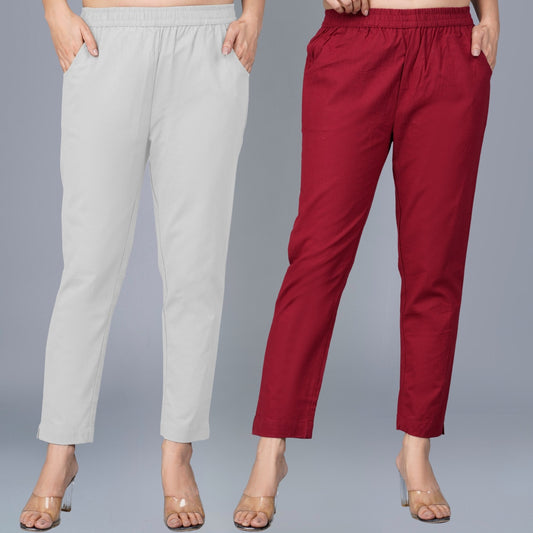 Pack Of 2 Womens Regular Fit Melange Grey And Maroon Fully Elastic Waistband Cotton Trouser