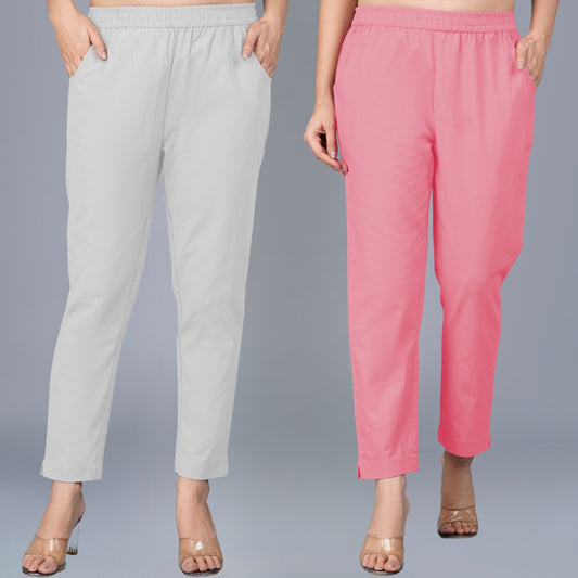 Pack Of 2 Womens Regular Fit Melange Grey And Mauve Pink Fully Elastic Waistband Cotton Trouser