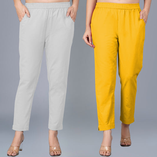 Pack Of 2 Womens Regular Fit Melange Grey And Mustard Fully Elastic Waistband Cotton Trouser
