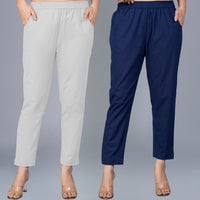 Pack Of 2 Womens Regular Fit Melange Grey And Navy Blue Fully Elastic Waistband Cotton Trouser