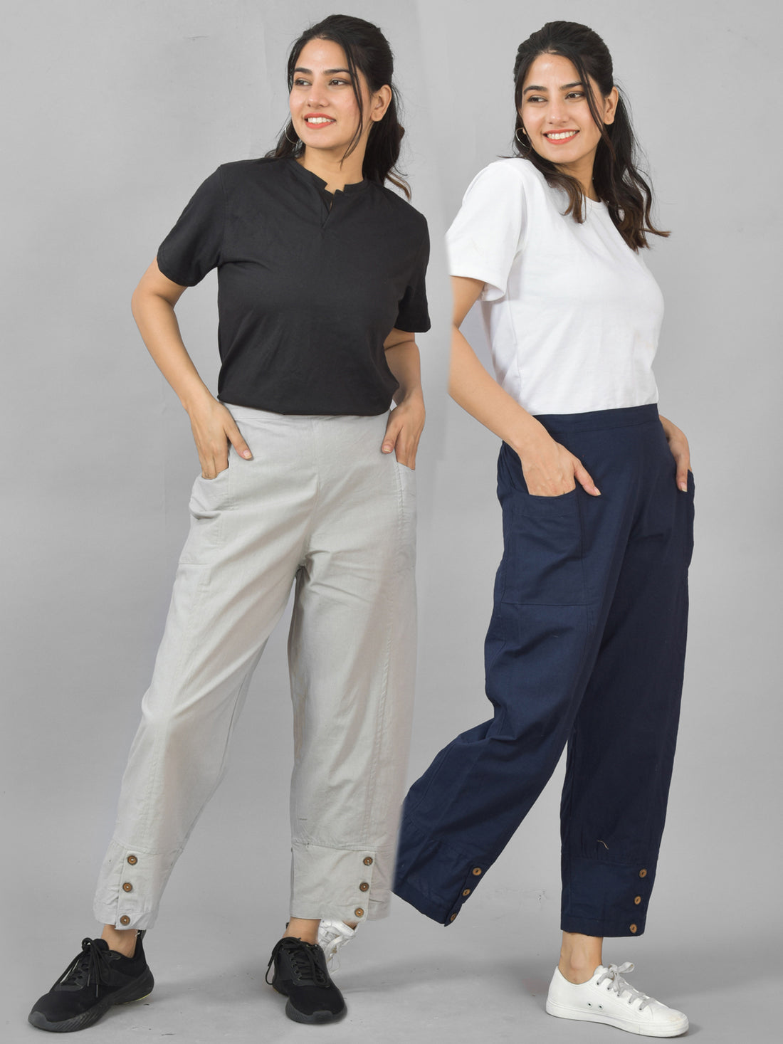 Combo Pack Of Womens Melange Grey And Navy Blue Side Pocket Straight Cargo Pants