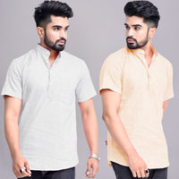 Pack of 2 Mens Solid Melange Grey And Off White Khadi Cotton Short Kurta Combo