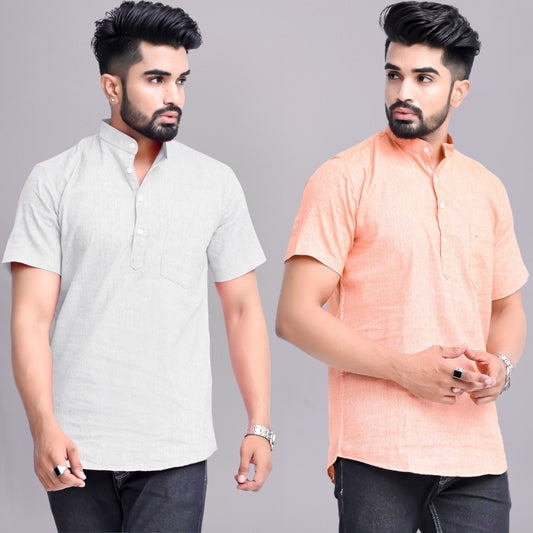 Pack of 2 Mens Solid Melange Grey And Orange Khadi Cotton Short Kurta Combo