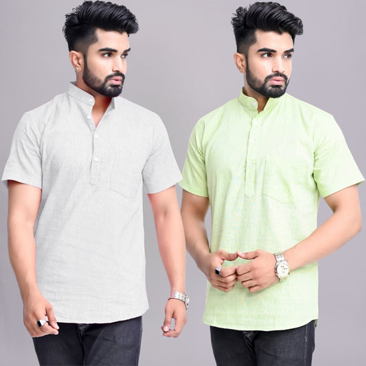 Pack of 2 Mens Solid Melange Grey And Parrot Green Khadi Cotton Short Kurta Combo