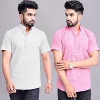 Pack of 2 Mens Solid Melange Grey And Pink Khadi Cotton Short Kurta Combo