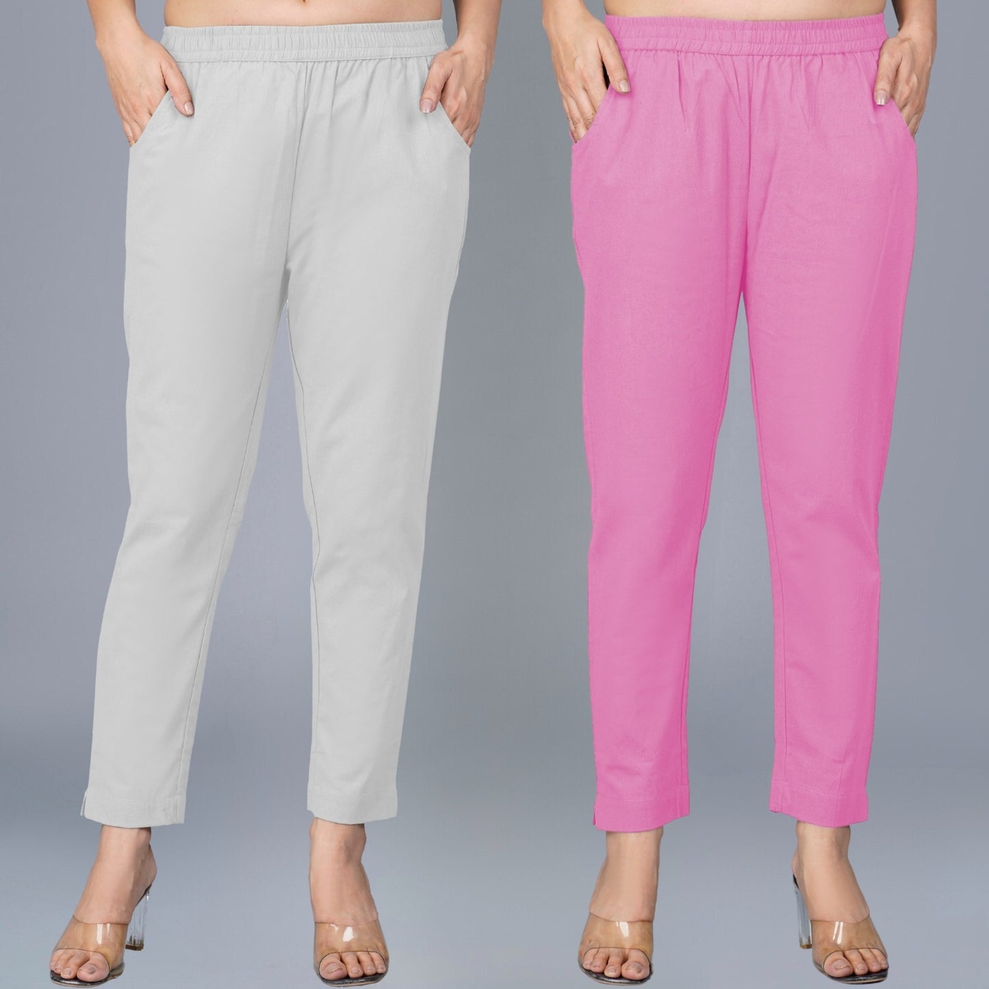 Pack Of 2 Womens Regular Fit Melange Grey And Pink Fully Elastic Waistband Cotton Trouser