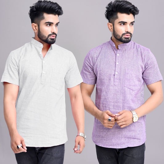 Pack of 2 Mens Solid Melange Grey And Purple Khadi Cotton Short Kurta Combo