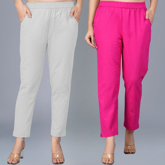 Pack Of 2 Womens Regular Fit Melange Grey And Rani Pink Fully Elastic Waistband Cotton Trouser