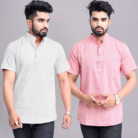 Pack of 2 Mens Solid Melange Grey And Red Khadi Cotton Short Kurta Combo