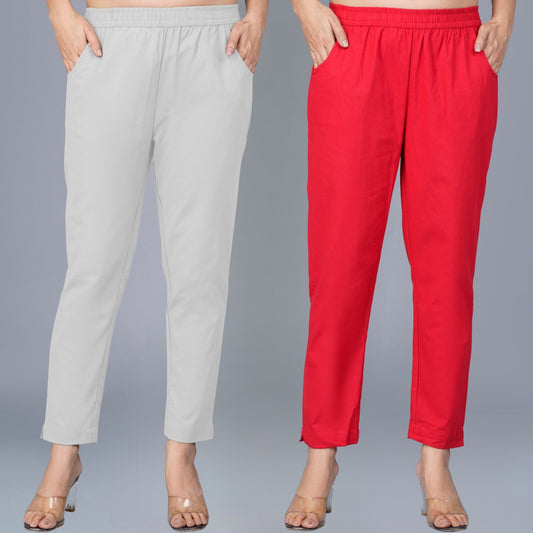 Pack Of 2 Womens Regular Fit Melange Grey And Red Fully Elastic Waistband Cotton Trouser