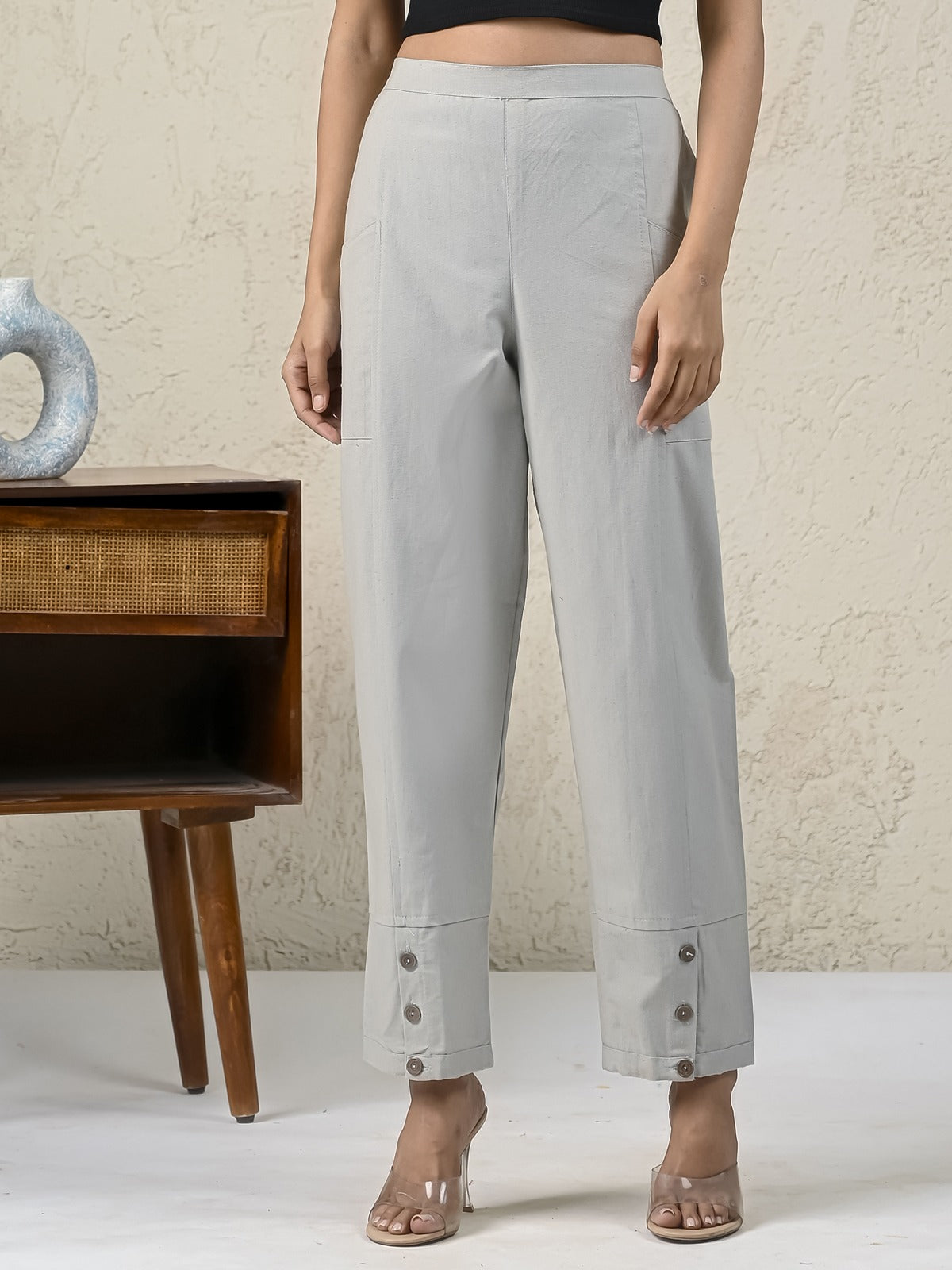 Womens Melange Grey Side Pocket Pure Cotton Straight Cargo Pant