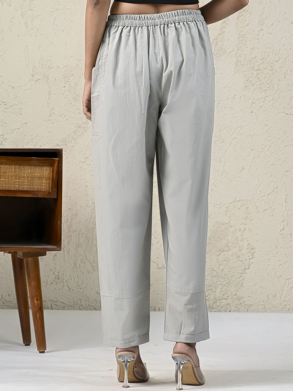 Womens Melange Grey Side Pocket Pure Cotton Straight Cargo Pant