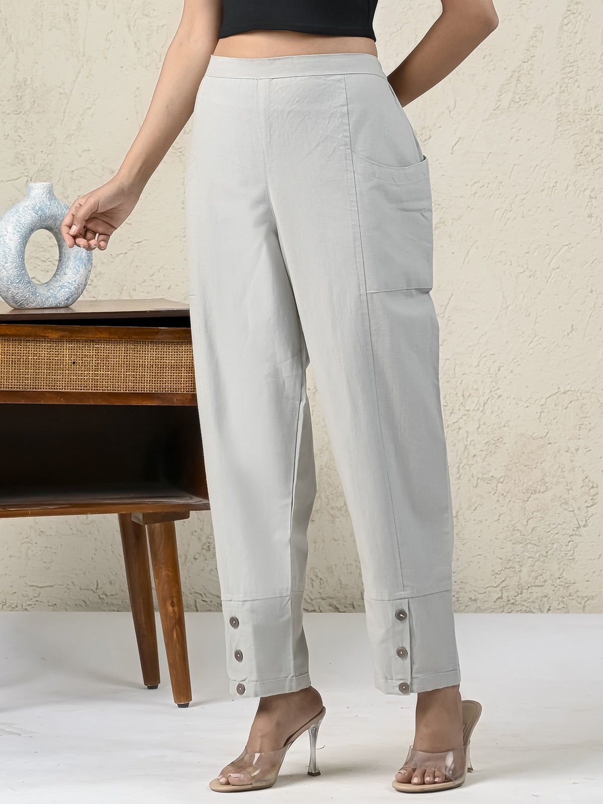 Womens Melange Grey Side Pocket Pure Cotton Straight Cargo Pant