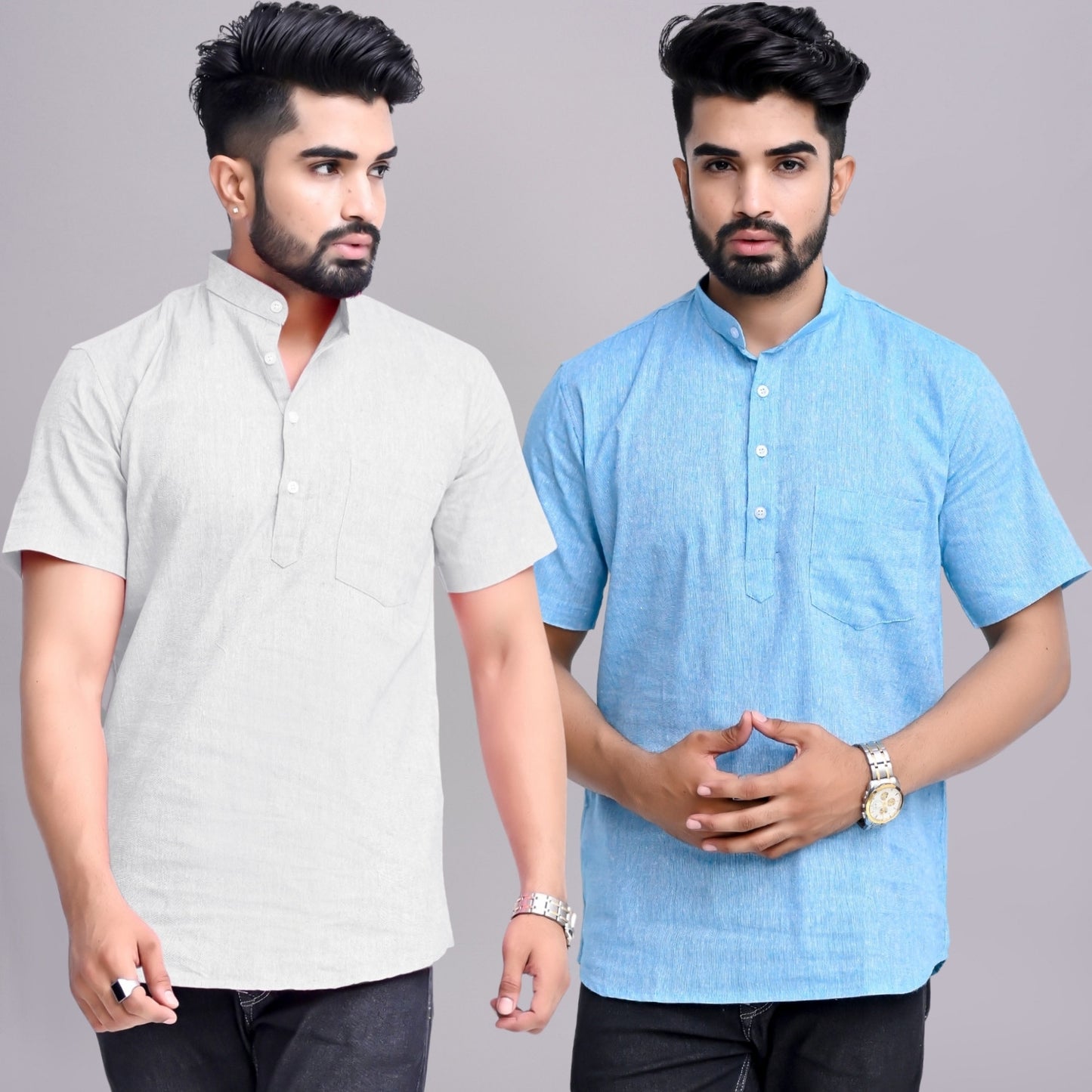 Pack of 2 Mens Solid Melange Grey And Sky Blue Khadi Cotton Short Kurta Combo