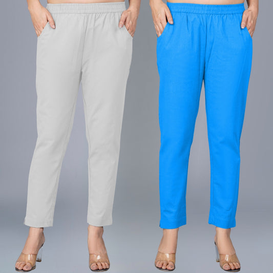 Pack Of 2 Womens Regular Fit Melange Grey And Sky Blue Fully Elastic Waistband Cotton Trouser