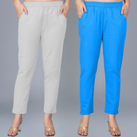 Pack Of 2 Womens Regular Fit Melange Grey And Sky Blue Fully Elastic Waistband Cotton Trouser