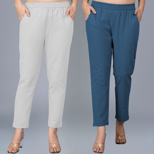 Pack Of 2 Womens Regular Fit Melange Grey And Teal Blue Fully Elastic Waistband Cotton Trouser