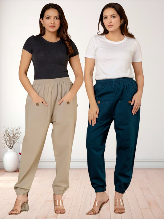 Combo Pack Of Womens Melange Grey And Teal Blue Four Pocket Cotton Cargo Pants