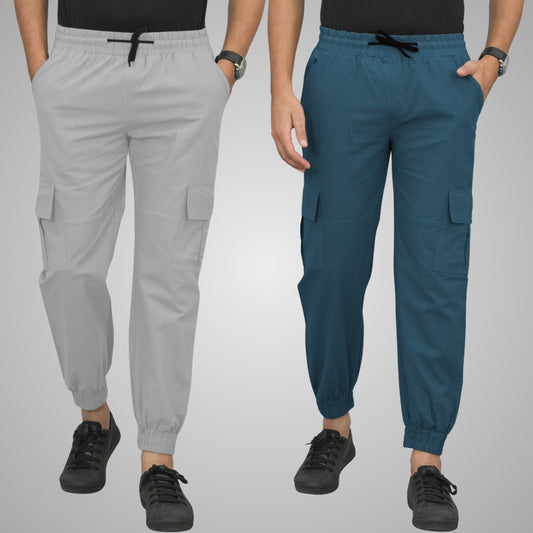 Pack Of 2 Mens Melange Grey And Teal Blue Airy Linen Summer Cool Cotton Comfort Joggers